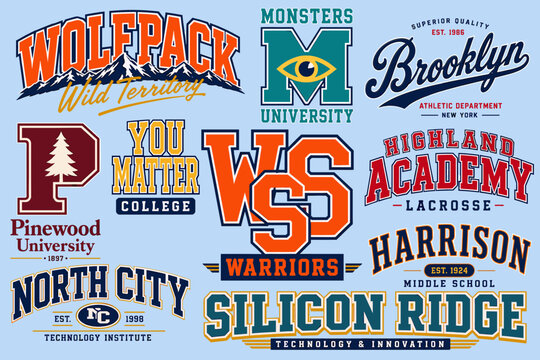 A collection of diverse university, college, and school sports team logos and academic emblems featuring various typography styles and mascots.