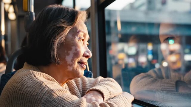 Senior woman with vitiligo looking out bus window at city