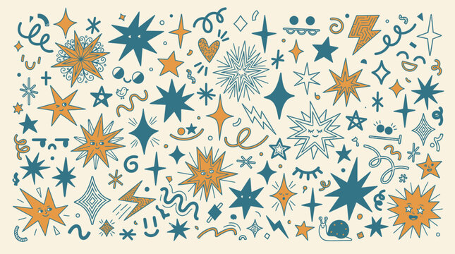 Eine Sammlung von handgezeichneten Sternen, funkelnden Symbolen und verspielten Kritzeleien in Blau und Ocker auf einem hellen Hintergrund f&uuml;r kreative Designs