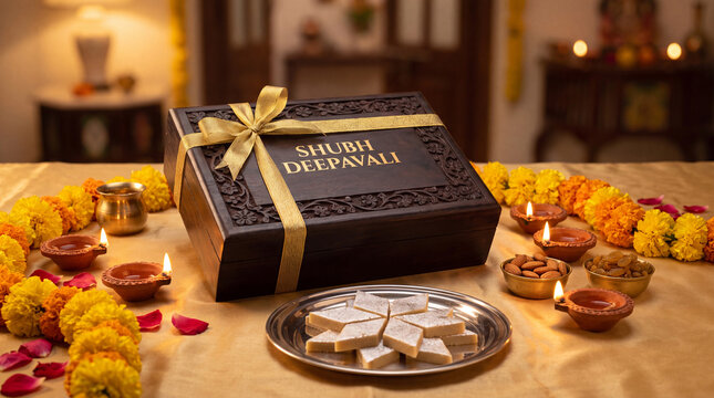 Dark carved wooden gift box with festive greeting beside kaju katli plate and clay diyas on gold cloth
