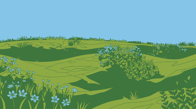 Ilustra&ccedil;&atilde;o vetorial estilizada de uma paisagem campestre com colinas verdes, flores silvestres e um c&eacute;u azul claro, perfeita para fundos de design gr&aacute;fico e projetos criativos.