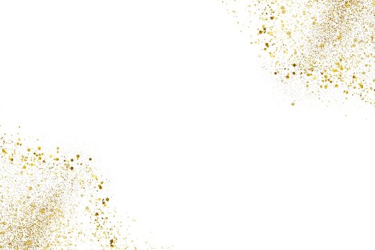Golden glitter particles are scattered in the corners of a white background, creating an elegant, festive appearance.