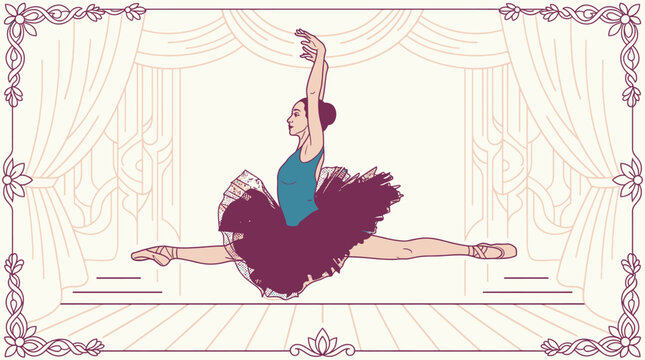 Ilustra&ccedil;&atilde;o vetorial de uma bailarina cl&aacute;ssica realizando um salto grand jet&eacute; elegante em um palco de teatro com cortinas decorativas e moldura floral detalhada ao redor.