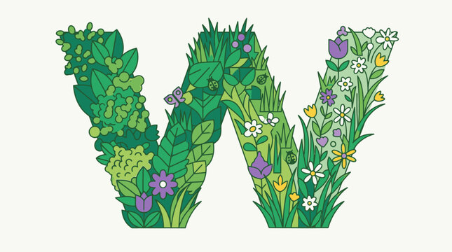 Letra W decorativa dise&ntilde;ada con un estilo bot&aacute;nico lleno de hojas verdes, hierba fresca y flores coloridas sobre un fondo blanco limpio, ideal para proyectos de dise&ntilde;o gr&aacute;fico y tipograf&iacute;a natural.