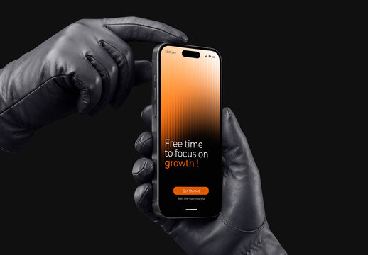 Smartphone Mockup Held Vertically By Silhouette Hands On Dark Background