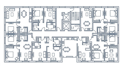Obraz premium Detailed black and white architectural floor plan layout.