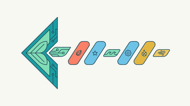 Ilustraci&oacute;n vectorial de una flecha estilizada con elementos tecnol&oacute;gicos y s&iacute;mbolos naturales que representan la integraci&oacute;n de la naturaleza y la tecnolog&iacute;a digital moderna.