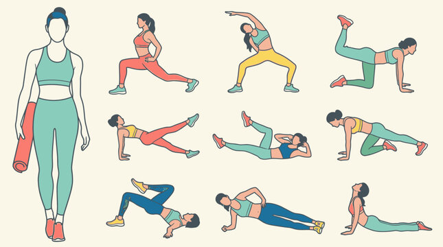Conjunto de ilustraciones vectoriales de una mujer joven realizando diversos ejercicios de fitness, yoga y entrenamiento f&iacute;sico en diferentes posturas sobre un fondo claro.