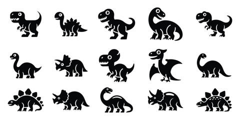 Cute Dinosaur Icon Silhouette Vector Illustration Set, Dinosaur Cartoon Icon Vector Illustration Bundle Black Silhouette, Trex Stegosaurus Pterodactyl Illustration © MSTAKLIMA