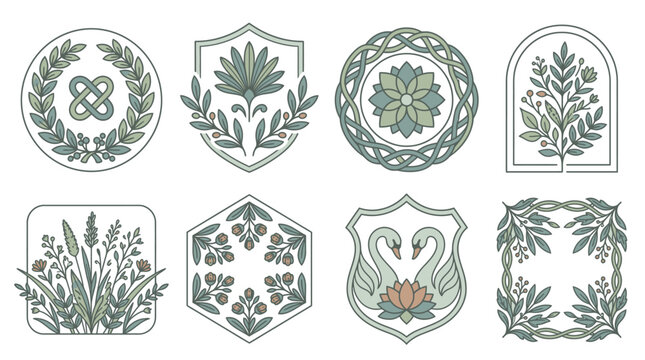 Conjunto de emblemas e logotipos bot&acirc;nicos desenhados &agrave; m&atilde;o com elementos florais, cisnes, formas geom&eacute;tricas e molduras decorativas em estilo elegante e minimalista.