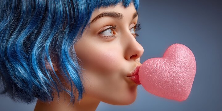 Young woman with vibrant blue hair blowing a pink heart-shaped bubble