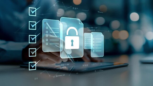 Businessman Using Tablet with Digital Data Protection Documents, Security Lock, Privacy Compliance Checklist and Secure Information Management Technology Animation