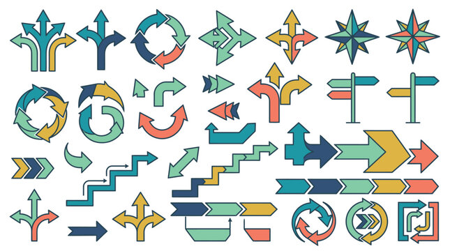 Colecci&oacute;n de iconos de flechas coloridas con diversos estilos, direcciones y formas geom&eacute;tricas para dise&ntilde;o gr&aacute;fico, se&ntilde;alizaci&oacute;n, infograf&iacute;as y diagramas de flujo sobre fondo blanco.