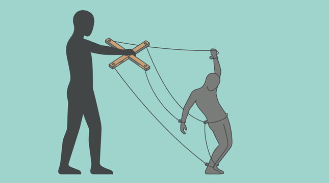 Eine konzeptionelle Illustration einer dunklen Silhouette, die eine kleinere Person wie eine Marionette an F&auml;den kontrolliert und manipuliert, vor einem hellblauen Hintergrund.