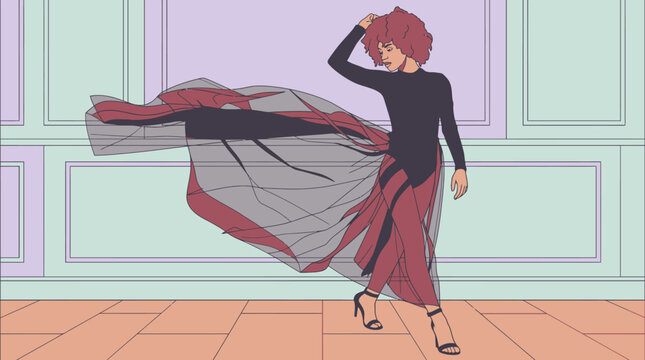 Ilustra&ccedil;&atilde;o vetorial de uma mulher elegante com cabelo cacheado volumoso usando um vestido fluido com transpar&ecirc;ncia e salto alto, posando graciosamente em um ambiente interno estilizado.