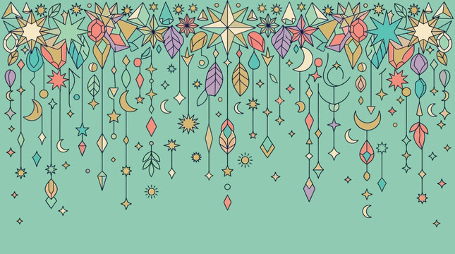 Borda decorativa horizontal com elementos celestiais, estrelas, luas e folhas em estilo de arte linear colorida sobre um fundo verde menta suave, ideal para design gr&aacute;fico.