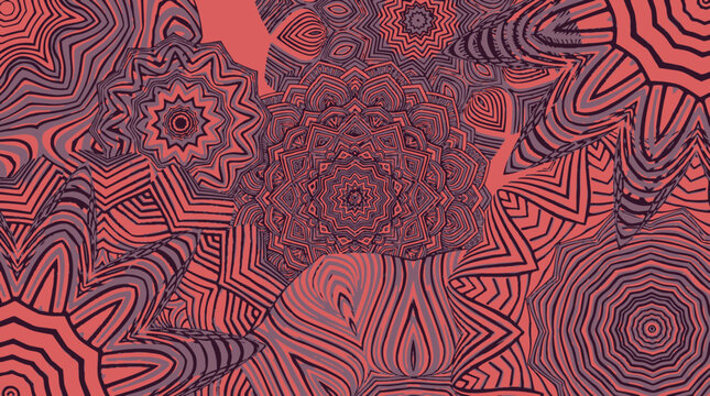 Fondo abstracto con patrones geom&eacute;tricos de mandalas en tonos coral y violeta oscuro, ideal para dise&ntilde;os creativos, textiles, papel tapiz y proyectos de arte digital contempor&aacute;neo.