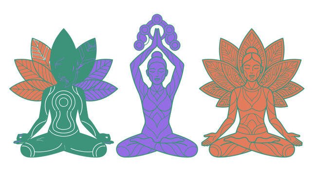 Ensemble d'illustrations vectorielles repr&eacute;sentant trois silhouettes humaines en position de yoga et de m&eacute;ditation avec des motifs floraux et organiques sur fond blanc isol&eacute;