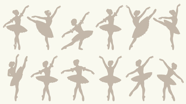 Ensemble de douze silhouettes de danseuses de ballet &eacute;l&eacute;gantes dans des poses classiques vari&eacute;es, isol&eacute;es sur un fond beige clair pour des projets de design cr&eacute;atif.