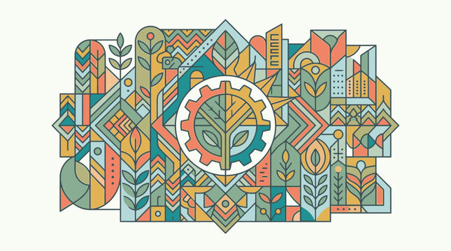 Abstrakte geometrische Illustration mit einem zentralen Zahnrad-Symbol, das einen Baum umrahmt, umgeben von floralen Mustern und Linien in einer modernen, flachen Design-&Auml;sthetik.