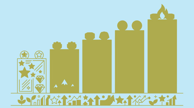 Ilustraci&oacute;n vectorial plana de bloques de construcci&oacute;n dorados dispuestos en orden ascendente sobre un fondo azul claro, representando crecimiento, progreso y desarrollo creativo.