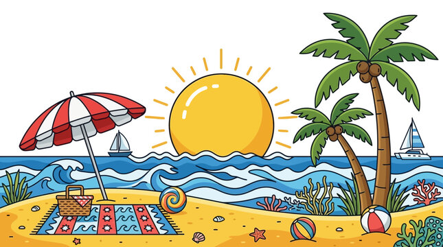 Eine farbenfrohe Sommer-Strandszene mit Palmen, einem gestreiften Sonnenschirm, einem Picknickkorb auf einer Decke und einer strahlenden Sonne &uuml;ber dem blauen Meer im Cartoon-Stil.