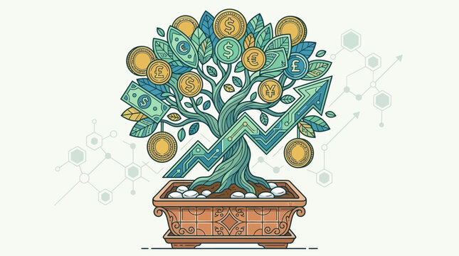 Ilustra&ccedil;&atilde;o vetorial de uma &aacute;rvore bonsai estilizada com moedas e notas de dinheiro crescendo em um vaso, simbolizando crescimento financeiro, investimento e sucesso econ&ocirc;mico.