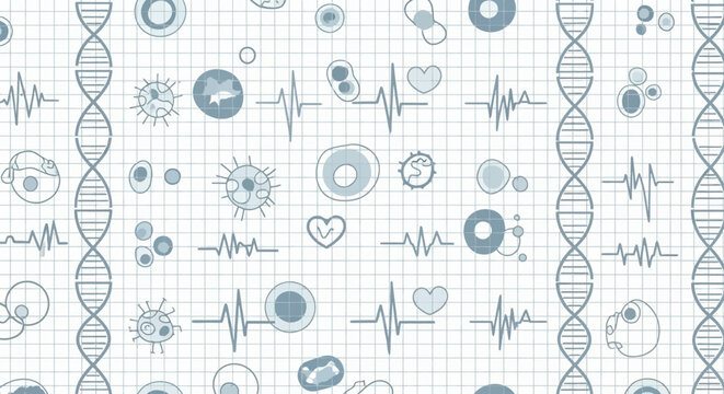 Medical and healthcare pattern with DNA and heart rate icons