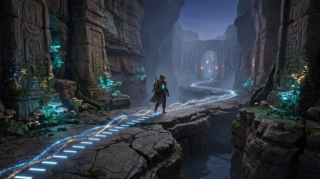 fantasy game adventure mystery ancient ruins canyon glowing path explorer survival quest magic mythology ancient civilization ruins landscape travel discovery epic journey