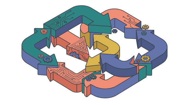Ilustra&ccedil;&atilde;o isom&eacute;trica de um ciclo de setas interconectadas com padr&otilde;es de circuitos eletr&ocirc;nicos e engrenagens, representando fluxo de dados e conectividade tecnol&oacute;gica em um design moderno.