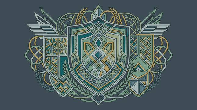 Illustration vectorielle d'un blason h&eacute;raldique orn&eacute; avec des motifs entrelac&eacute;s complexes, des ailes stylis&eacute;es et des &eacute;l&eacute;ments d&eacute;coratifs de style m&eacute;di&eacute;val sur un fond bleu gris.