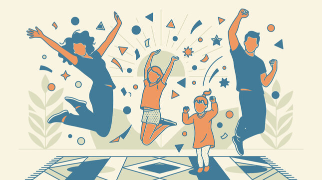 Ilustra&ccedil;&atilde;o vetorial estilizada de uma fam&iacute;lia feliz, composta por pai, m&atilde;e e dois filhos, pulando de alegria com confetes e formas geom&eacute;tricas em um fundo bege suave e moderno.