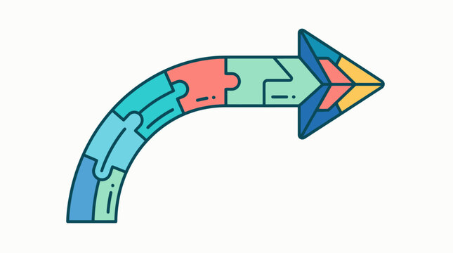 Ilustraci&oacute;n vectorial de una flecha curva compuesta por piezas de rompecabezas coloridas, simbolizando estrategia, conexi&oacute;n, resoluci&oacute;n de problemas y progreso en un dise&ntilde;o moderno y plano.