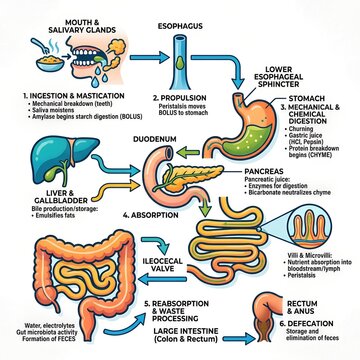 Human digestive system process with labeled anatomical illustration