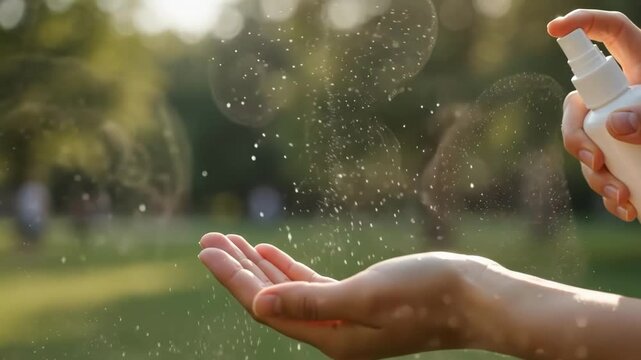 Person spraying sanitizer on hands outdoors