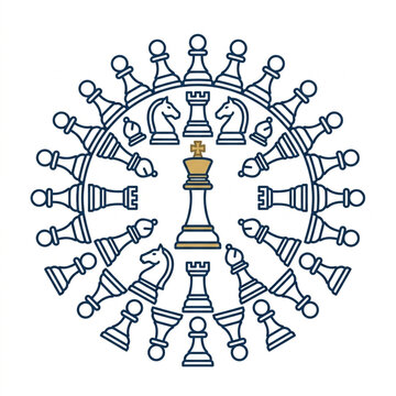 Circular arrangement of chess pieces with king at the center.