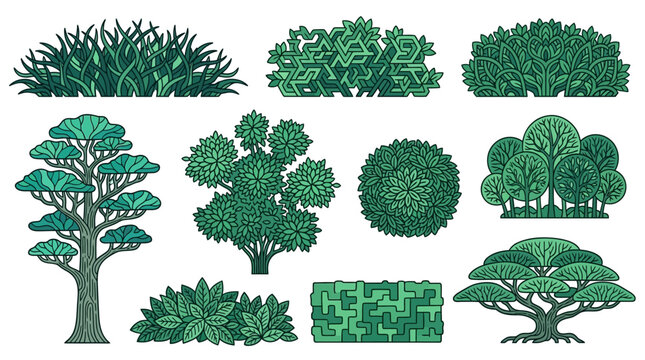 Conjunto de ilustraciones vectoriales de &aacute;rboles, arbustos y setos verdes estilizados para dise&ntilde;o de jardines, paisajismo y elementos decorativos de naturaleza sobre fondo blanco aislado.