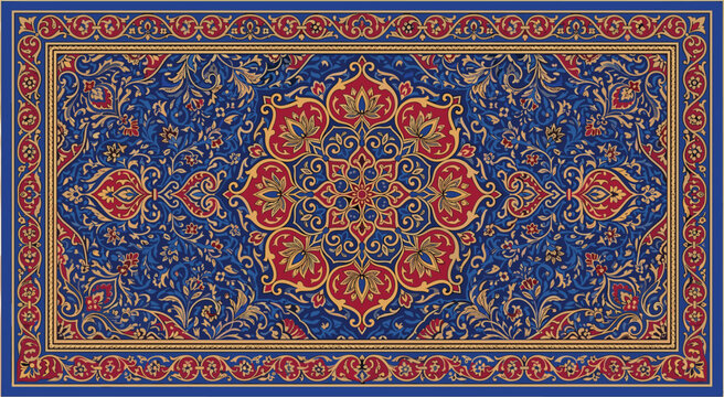 Exquisite Persian carpet vector illustration featuring a blue background, large center floral medallion, antique middle eastern rug patterns, and borders