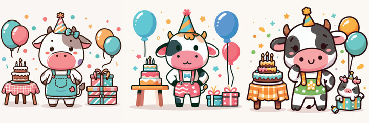 Fototapeta premium Cute cow birthday party vector illustration set with cake, balloons and festive decorations, kawaii cartoon farm animal collection