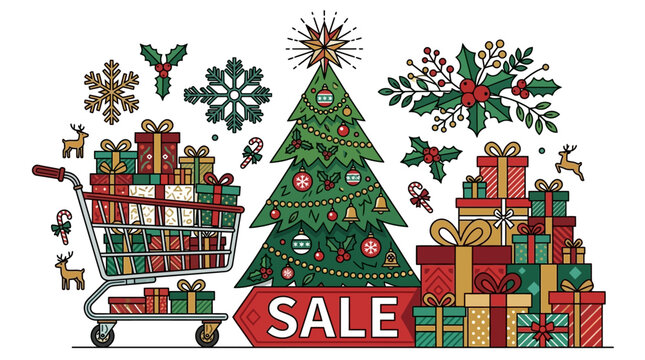 Weihnachts-Sale Illustration mit einem geschm&uuml;ckten Tannenbaum, einem Einkaufswagen voller Geschenke, Schneeflocken und festlichen Dekorationen auf wei&szlig;em Hintergrund f&uuml;r Werbeaktionen.