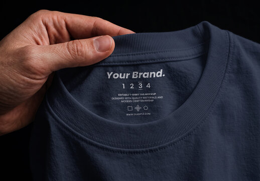 Close-up of a Hand Holding T-shirt Label Mockup