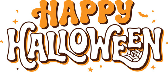 Fototapeta premium Vibrant orange and white happy halloween text with spooky elements