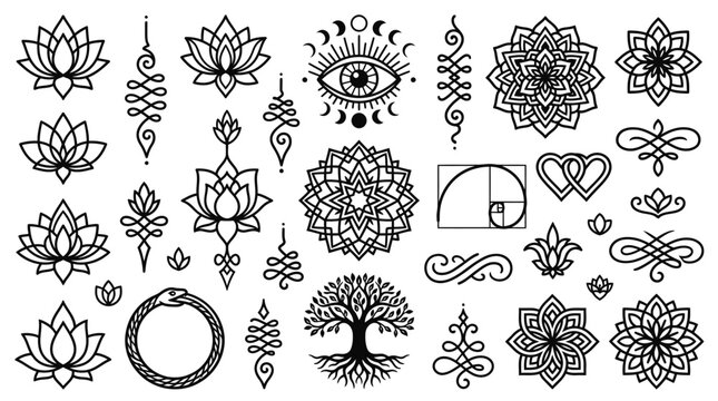 Ensemble d'&eacute;l&eacute;ments graphiques &eacute;sot&eacute;riques et spirituels comprenant des mandalas, des fleurs de lotus, des symboles unalome, l'arbre de vie et des motifs g&eacute;om&eacute;triques sacr&eacute;s sur fond blanc.