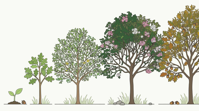 Ilustraci&oacute;n del ciclo de vida de un &aacute;rbol que muestra el crecimiento desde una peque&ntilde;a pl&aacute;ntula hasta un &aacute;rbol maduro con flores y frutos en un estilo art&iacute;stico detallado y educativo.