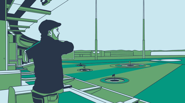 Eine stilisierte Illustration eines Mannes, der auf einer modernen Golf-Driving-Range steht und den Abschlag auf die Zielmarkierungen auf dem gr&uuml;nen Rasenfeld beobachtet.