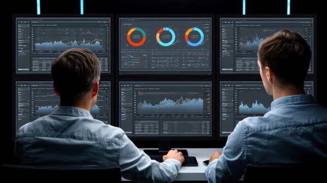 Technical analysts monitoring multiple screens in control center.