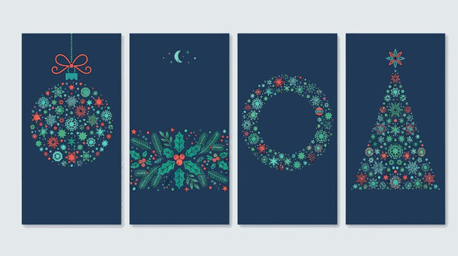 Ensemble de quatre banni&egrave;res verticales de No&euml;l avec des motifs de boules, de couronne, de sapin et de feuillage d&eacute;cor&eacute;s de flocons de neige sur un fond bleu marine &eacute;l&eacute;gant