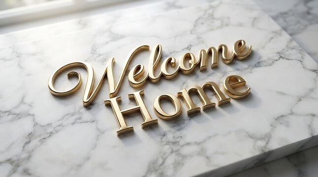 Welcome home gold 3d lettering on white marble surface