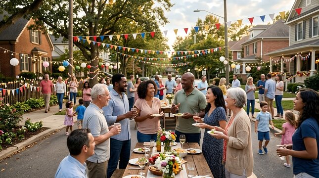 Diverse Neighbors Enjoying Outdoor Community Block Party With Food And Drinks.