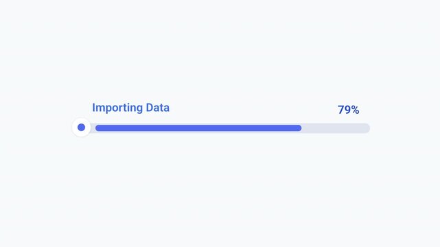 Flat vector illustration of a modern importing data progress bar with percentage indicator, representing data import, file migration, software progress, and digital workflow.